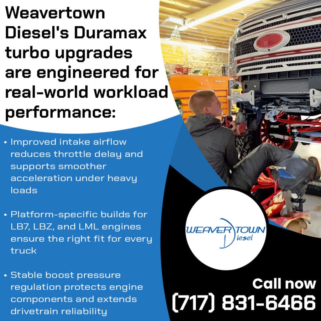 Mechanic installing Duramax turbo upgrade on diesel truck to improve airflow and heavy load performance