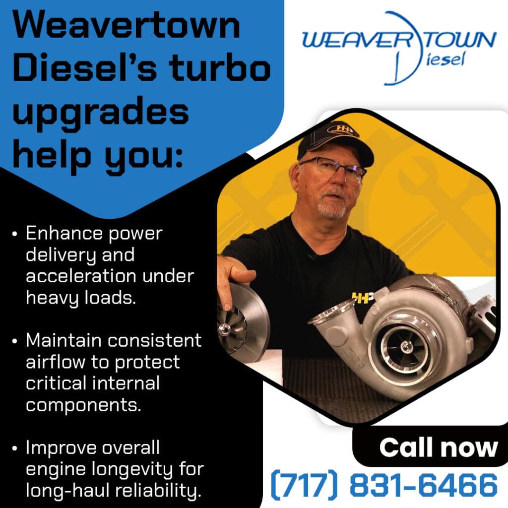 Expert at Weavertown Diesel explaining how turbo upgrades enhance power delivery and engine longevity for long-haul reliability. Contact us at (717) 831-6466