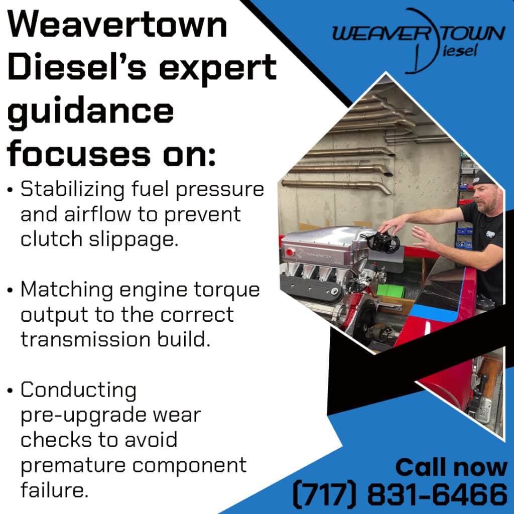A diesel mechanic at Weavertown Diesel inspecting an engine build to stabilize fuel pressure and airflow, preventing clutch slippage and component failure. Contact us at (717) 831-6466