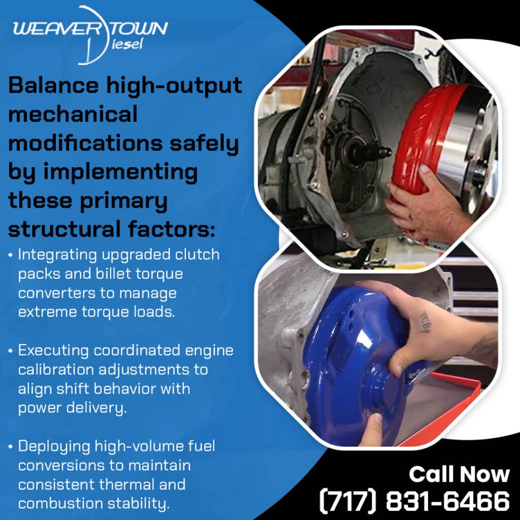 Marketing infographic from Weavertown Diesel outlining how to balance high-output mechanical modifications safely. It highlights three primary structural factors: integrating upgraded clutch packs and billet torque converters to manage extreme torque loads, executing coordinated engine calibration adjustments, and deploying high-volume fuel conversions for thermal stability. Features two photos showing mechanics handling high-performance aftermarket torque converters (one red, one blue) being fitted into transmission housings. Includes the phone number (717) 831-6466.