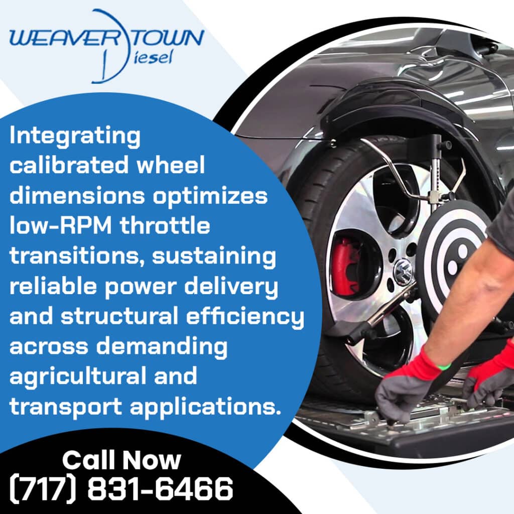 Infographic from Weavertown Diesel explaining how integrating calibrated wheel dimensions optimizes low-RPM throttle transitions, sustaining reliable power delivery and structural efficiency across demanding agricultural and transport applications. Features a close-up photo of a technician in grey and red gloves setting up alignment tracking targets onto a vehicle's front wheel. Includes a call to action to call (717) 831-6466.