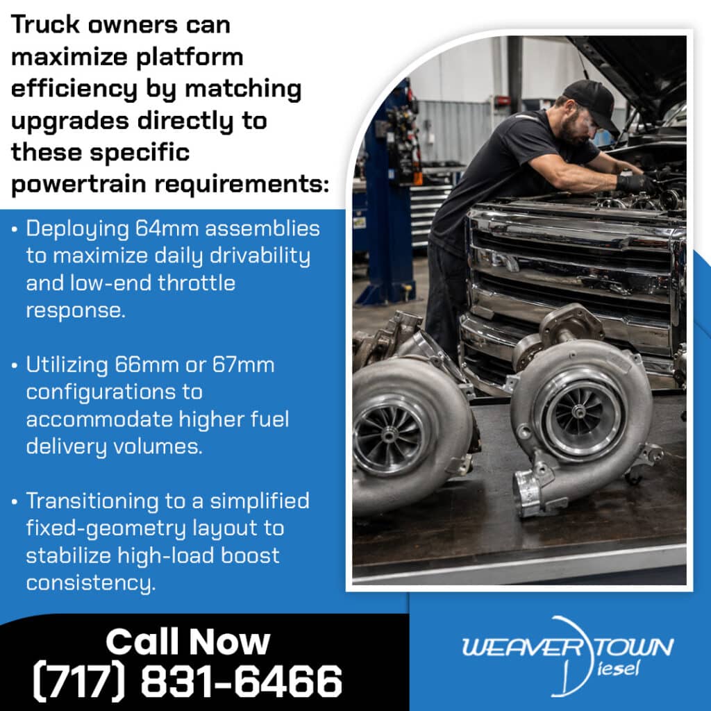 Marketing graphic from Weavertown Diesel advising truck owners on maximizing platform efficiency by matching upgrades to specific powertrain requirements, such as deploying 64mm assemblies for drivability, utilizing 66mm or 67mm turbo configurations for higher fuel volumes, or transitioning to a fixed-geometry layout for high-load boost consistency. The photo shows a mechanic working under the hood of a large diesel truck with two high-performance turbochargers displayed on a workbench in the foreground. Includes the phone number (717) 831-6466.