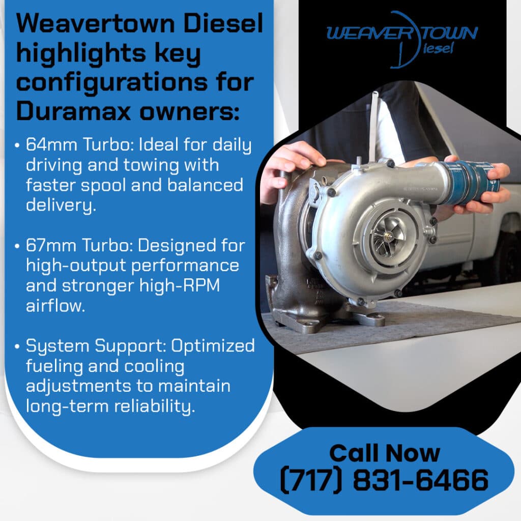 Weavertown Diesel Duramax turbo configurations showing 64mm and 67mm turbo upgrade options