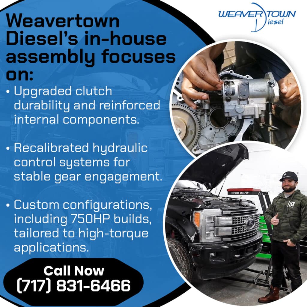 Weavertown Diesel in-house transmission assembly with upgraded clutch components and custom high-torque builds