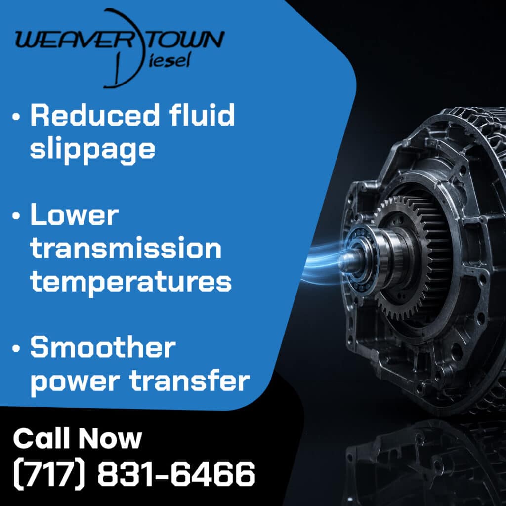 An upgraded heavy-duty transmission torque converter assembly with graphics next to bullet points on reduced fluid slippage and lower temperatures.