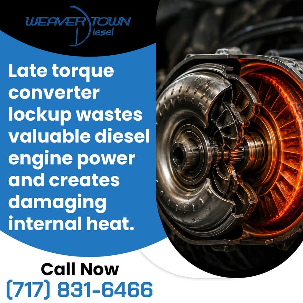 Cutaway view showing the glowing heated internal turbine and stator blades of a heavy-duty torque converter beside text on transmission power loss.