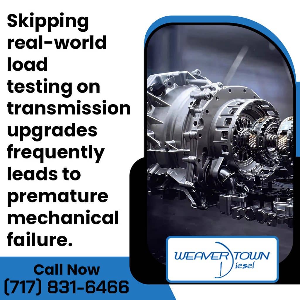Detailed cutaway of a heavy-duty automatic transmission showing internal gears, clutch packs, and valve body alongside text warning against skipping load testing on upgrades.