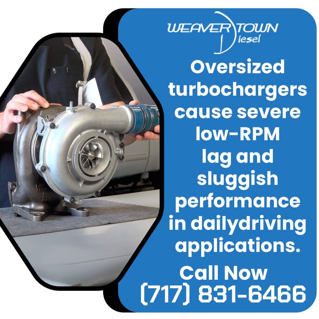 A diesel mechanic holding a large turbocharger beside text explaining how oversized turbos cause severe low-RPM lag and sluggish performance in daily driving applications.