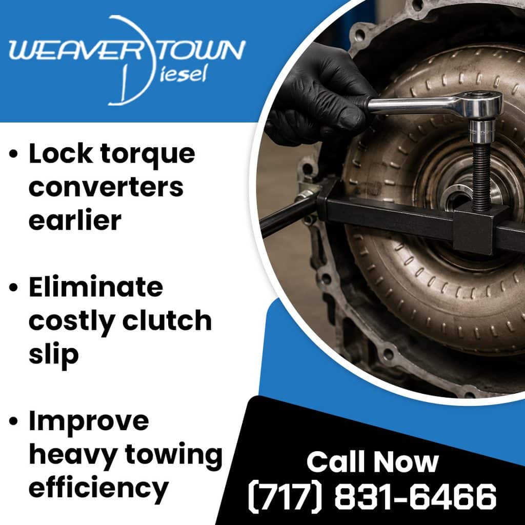 A diesel mechanic using a socket wrench and specialized puller tool on a vehicle torque converter beside bullet points highlighting earlier lockup, reduced clutch slip, and towing efficiency.