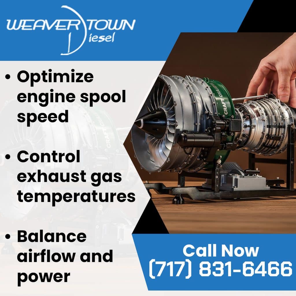 A hand adjusting a mechanical scale model of a turbine engine alongside bullet points detailing how to optimize engine spool speed, control exhaust gas temperatures, and balance airflow.