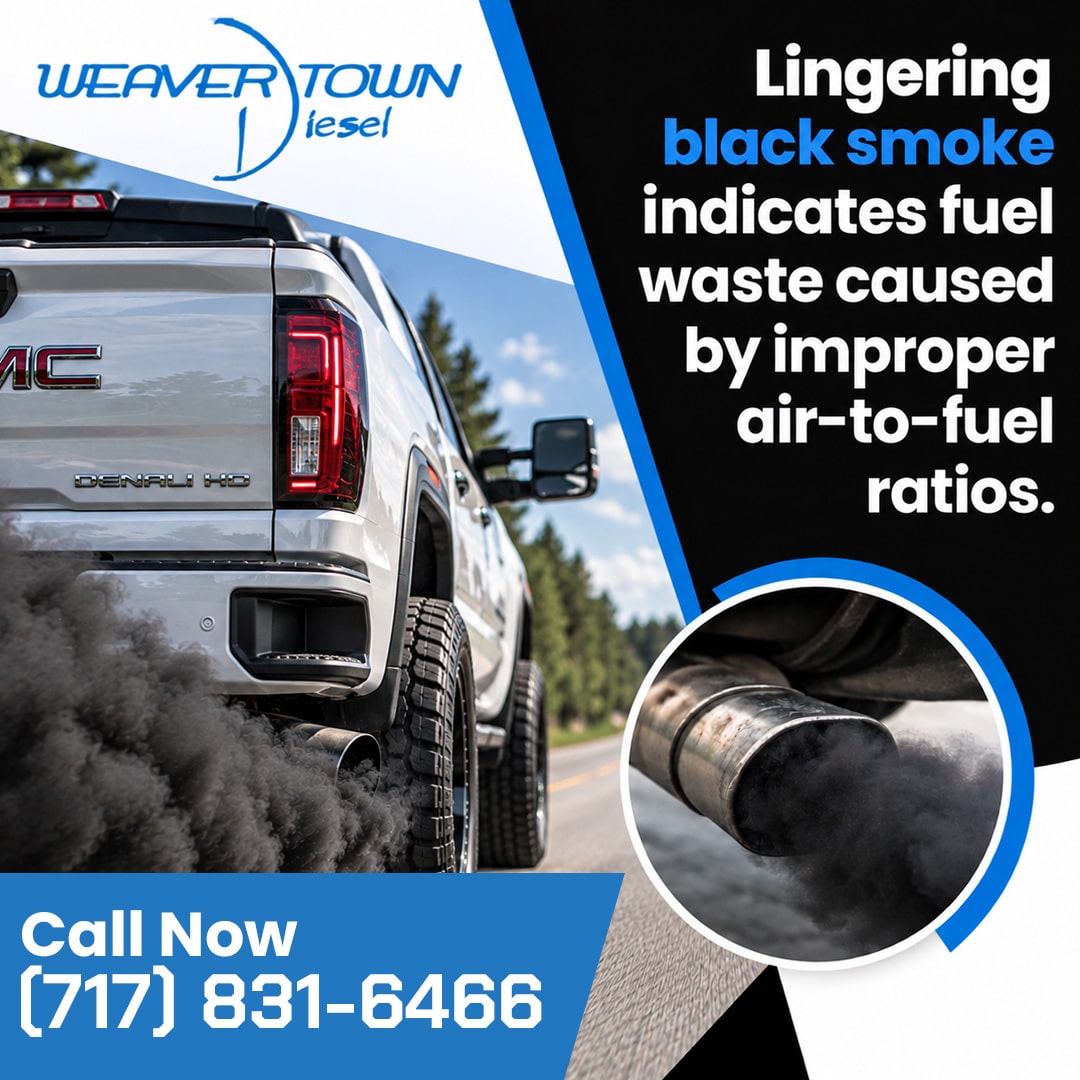 Rear view of a white GMC Denali HD pickup truck emitting thick black exhaust smoke on the highway, with a circular inset close-up of dark smoke pouring from an exhaust tailpipe.