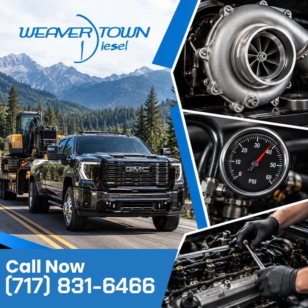 Black GMC heavy-duty dually pickup truck hauling heavy construction machinery on a mountain road, accompanied by three insets displaying a high-performance turbocharger, a boost gauge reading 40 PSI, and a technician wrenching on an engine block.