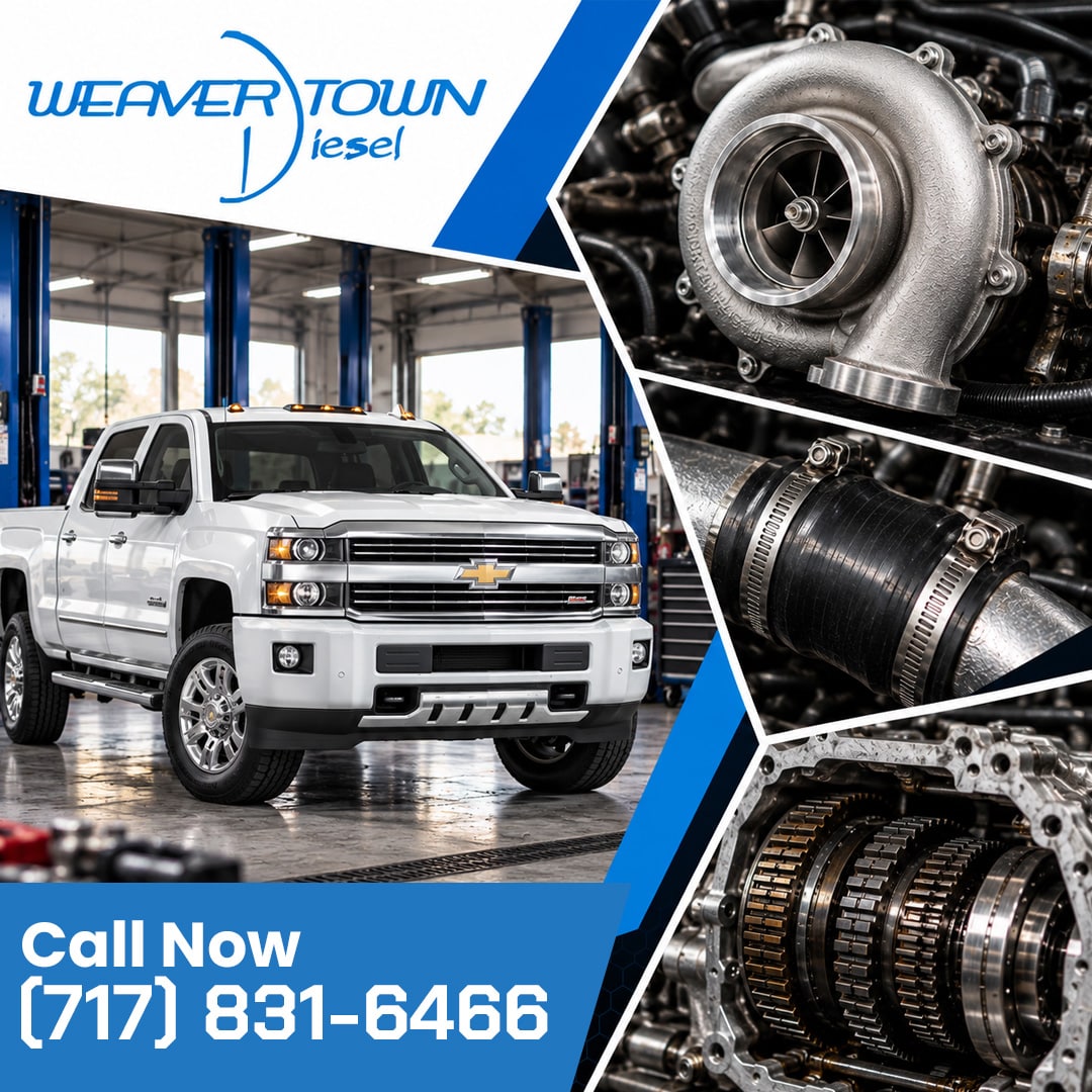 White Chevrolet heavy-duty pickup truck in an auto repair service bay, accompanied by hexagonal insets showing a performance turbocharger, clamped intercooler boot hose, and diesel transmission gear assembly.