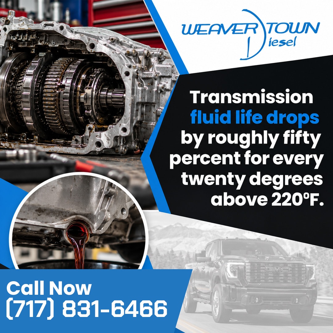 Heavy-duty diesel transmission internal gear assembly shown alongside an inset of transmission fluid draining from an oil pan, with a GMC truck driving on a mountain highway below.