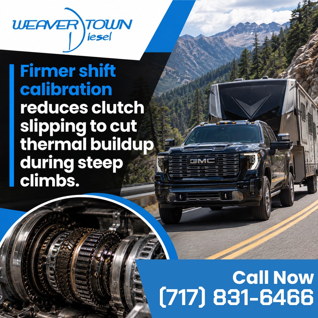 Black GMC heavy-duty pickup truck towing a large camper trailer up a steep mountain highway, featured alongside a circular inset of exposed transmission clutch packs and gear assemblies.