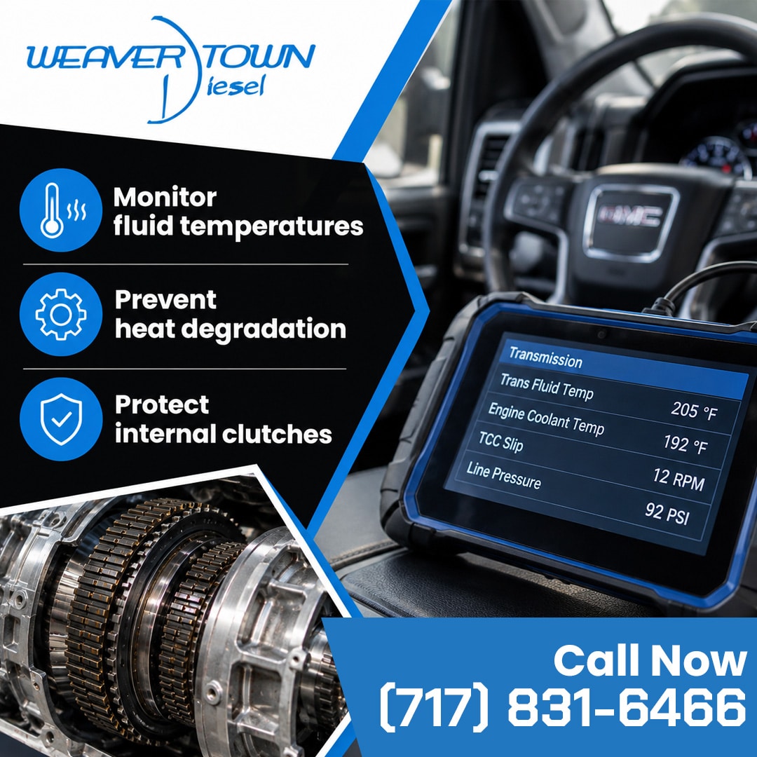 Diagnostic scan tool displaying real-time transmission fluid temperature and line pressure inside a truck cab, paired with an inset of heavy-duty automatic transmission clutch packs.