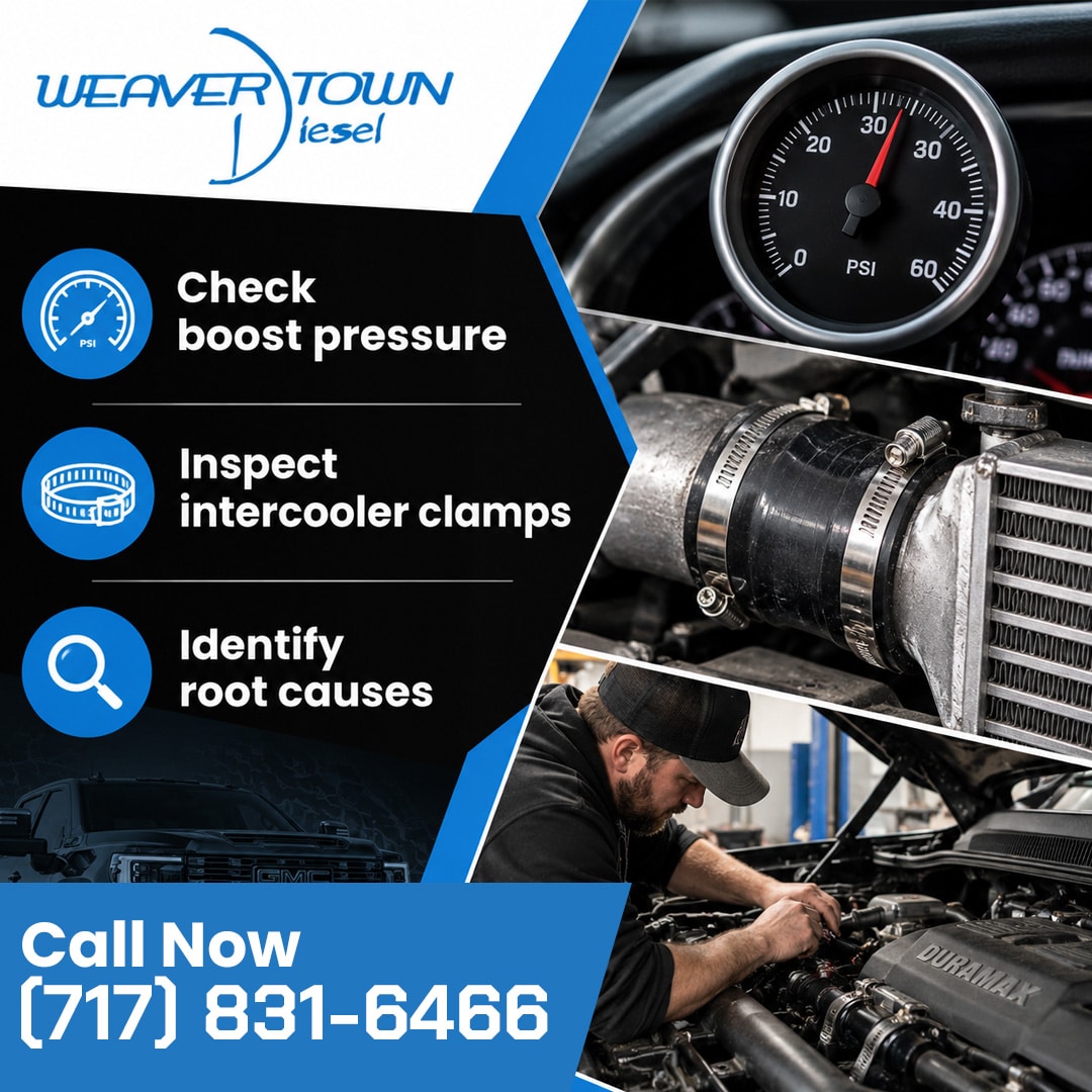 Diesel mechanic working under the hood of a Duramax engine, paired with a boost pressure gauge reading PSI and an intercooler hose connected with t-bolt clamps.