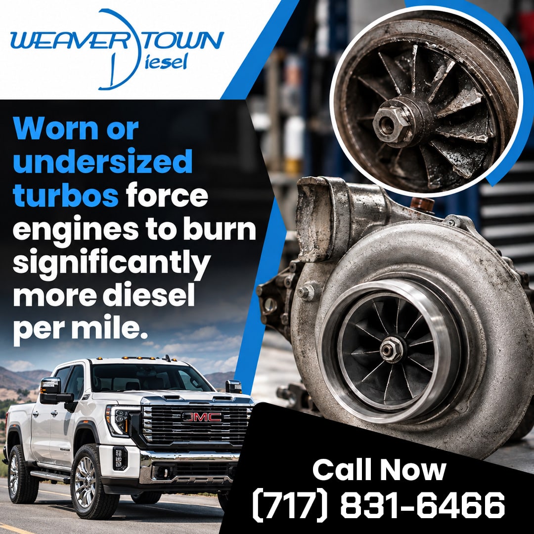Heavy-duty turbocharger with an inset showing damaged, pitted turbine blades, set above a white GMC heavy-duty pickup truck parked on the road.